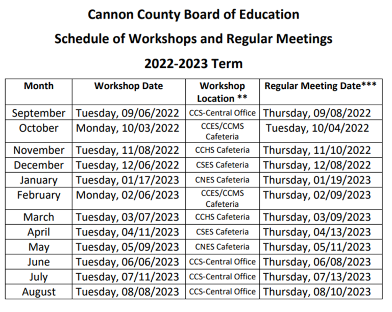 Cannon County Board of Education Sets Meeting Dates and Times for 2022