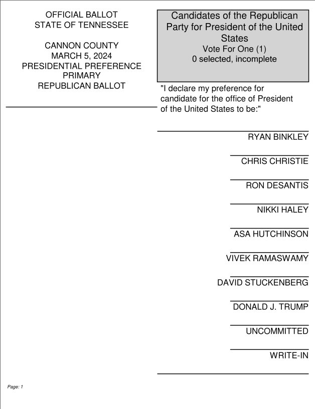March 5, 2024 Sample Ballot, Cannon County, TN  Page 1